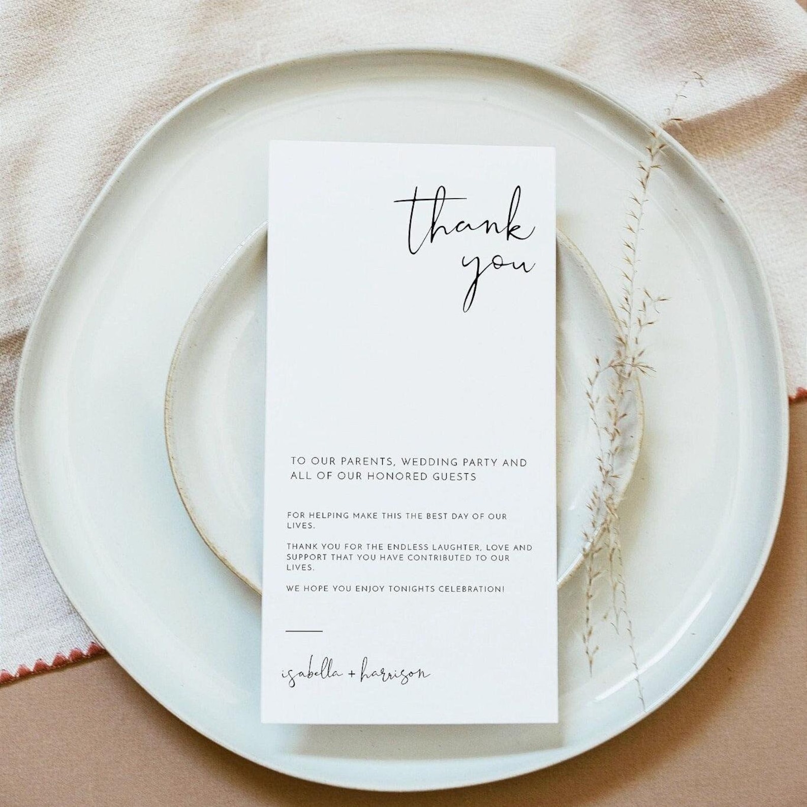Minimalist Wedding Table Thank You Card Template, Wedding Napkin Note ...
