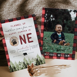 FROST Flannel Up First Birthday Invitation Template, Happy Camper Birthday Invitation, Forest Birthday Invite, Woodland Birthday, Bear DIY