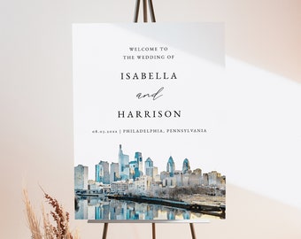 PHILADELPHIA Wedding Welcome Sign Template, Watercolor Philadelphia Skyline Wedding Welcome Poster, Printable Pennsylvania Destination Sign