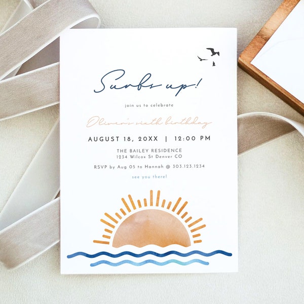 Modèle d'invitation d'anniversaire de surf au bord de la mer, invitation d'anniversaire de surf, invitation d'anniversaire de coucher de soleil sur l'océan en Californie Templett imprimable DIY