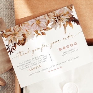 Sjabloon TALIA Small Business-bedankkaart, bedankt voor je aankoopkaart, zakelijke bedankkaarten digitaal, boho herfst bloemenkaarten