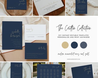 CAITLIN  Navy and Gold Wedding Bundle, Modern Minimalist Wedding Invitation Template Mega Bundle, Instant Download Winter Wedding