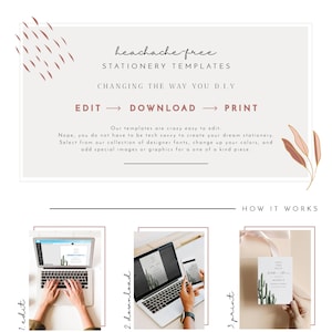 May include: A graphic design template for stationery, showing a laptop screen with a cactus-themed save the date card. The text on the screen reads "Save the Date". The graphic also shows a person's hands typing on the laptop keyboard and a phone displaying the same card. The text on the graphic reads "Headache-free Stationery Templates. Changing the way you DIY. Edit, Download, Print. Our templates are crazy easy to edit. Nope, you do not have to be tech savvy to create your dream stationery. Select from our collection of designer fonts, change up your colors, and add special images or graphics for a one of a kind piece. How it works: 1. Edit, 2. Download, 3. Print. Double-click to edit text. PNG, PDF, or JPEG. Home or professional printing. See description for printing details."