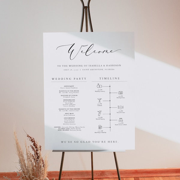 EVELYN Minimalist Wedding Program Sign, Elegant Wedding Icon Timeline Sign Template, Modern Script Order of Events Sign