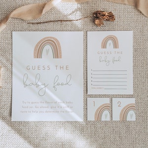 GITA Errate das Baby Essen Spiel, Boho Regenbogen Baby Shower Spiele druckbare, Gender Neutral Erdton Pastell Errate die Essensanhänger Karte und Schild