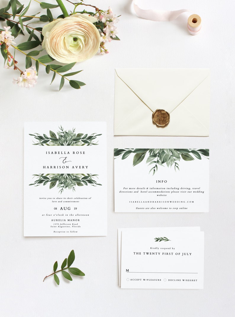 Lana Modern Greenery Wedding Invitation Template Set Etsy