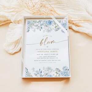 PRINTED + SHIPPED Baby in Bloom Invitation, Blue Watercolor Floral Baby Shower Invitation, Spring Baby Shower Invite FLEUR image 2