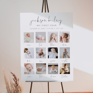 Plantilla minimalista de cartel con foto para el primer cumpleaños de ADELLA, póster con foto para el primer cumpleaños, póster imprimible del primer año del bebé, póster moderno de cumpleaños instantáneo