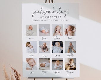 ADELLA Minimalist First Birthday Photo Sign Template, 1st Birthday Photo Poster, Baby&#39;s First Year Poster Printable, Modern Birthday Instant