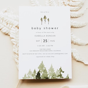 Modèle d&#39;Invitation de baby shower de forêt JENNA, invitations de baby shower bohème, invitation de baby shower de montagne, invitation de baby shower imprimable