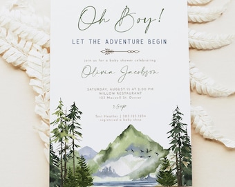 May include: A baby shower invitation with a watercolor illustration of a mountain range, a lake, and pine trees. The text reads "Oh Boy! Let the Adventure Begin" and includes the name "Olivia Jacobson", the date and time of the event, and the location.