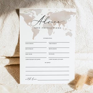 Tarjeta de consejos y predicciones de CARMEN, juego de aventura para baby shower, tarjeta de consejos para los padres, mapa del mundo de acuarela para viajes, género neutro, bricolaje
