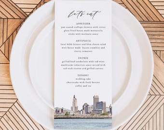 PROVIDENCE Rhode Island Skyline Menu Template, Printable Wedding Dinner Menu Cards, Travel Destination Themed