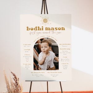 Plantilla para tablero de hitos del primer cumpleaños con foto de BODHI Sun, tablero de hitos boho, tablero de hitos para bebés, letrero de cumpleaños del primer viaje alrededor del sol