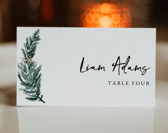 BEATA Winter Pine Wedding Place Card Template, Watercolor Pine Place Cards, Christmas Wedding Guest Name Cards, Holiday Dinner Table Cards