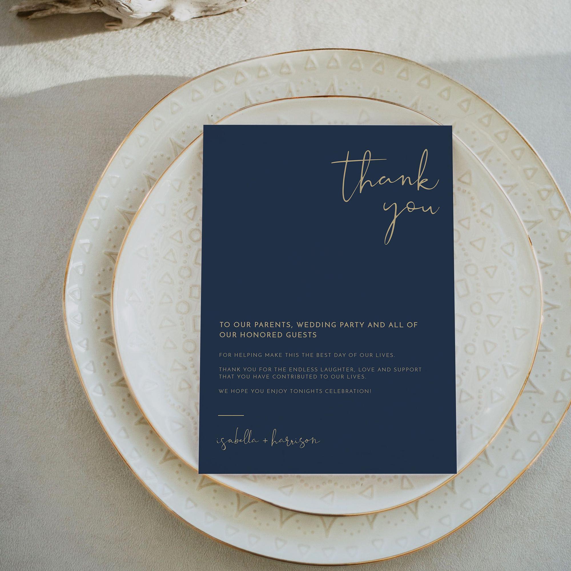 Navy and Gold Wedding Table Thank You Card Template, Modern Wedding ...