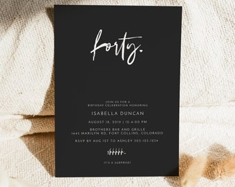 PRIYA 40th Birthday Invitation Template, Fortieth Birthday Invite Instant Download Printable, Edgy Black Invitation, Modern Birthday Invite