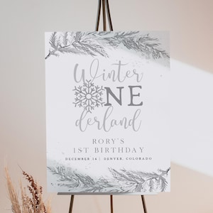RORY Winter OnderLand Birthday Welcome Sign, First Birthday Welcome Sign Printable, Silver Snowflake Christmas Holiday Poster DIY
