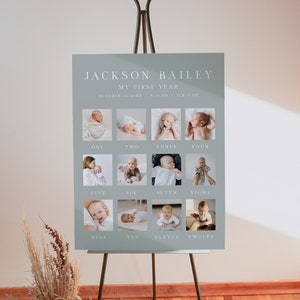 Póster con foto del primer año del bebé en verde salvia de NINA, plantilla moderna para cartel con foto del primer cumpleaños, pancarta con foto de primer cumpleaños estilo boho, cartel de otoño DIY