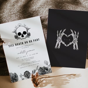 NOVA Halloween Bridal Shower Invitation Template, Gothic Bridal Shower Invitation, Skull Bridal Shower Vintage Black Floral Till Death DIY