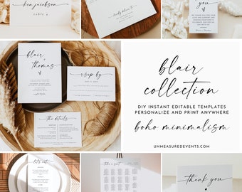 BLAIR Modern Wedding Invitation, Wedding Invitation Bundle, Printable Wedding Signs, Large Wedding Kit, Bohemian Wedding Invite Set