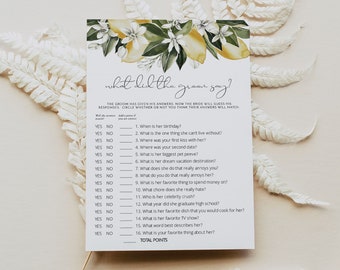 DAHLIA What Did The Groom Say Bridal Shower Game, Lemon Bridal Shower Game, Citrus Bridal Shower Games Instant Main Squeeze Bridal Shower