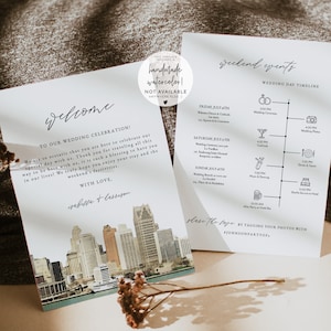 Plantilla de carta de bienvenida para bodas en Detroit, cronograma imprimible para bodas en Detroit, orden de eventos para bodas en destinos de Michigan