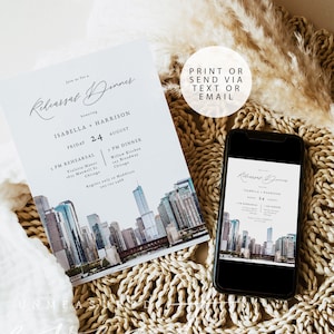 Modello di invito per la cena di prova di CHICAGO, invito per la prova di matrimonio di Chicago in acquerello stampabile, destinazione Chi Town Chicago Illinois