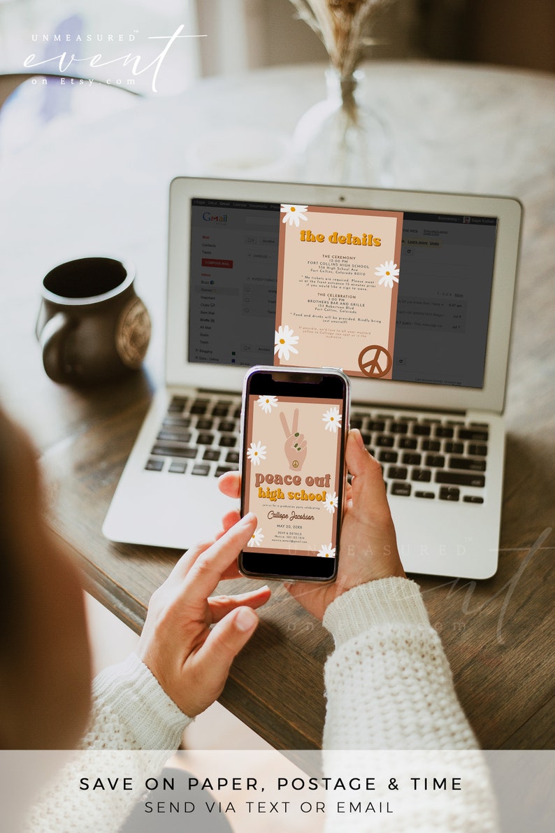 May include: A digital invitation for a high school graduation party. The invitation features a peace sign with a daisy pattern and the text "Peace Out High School!" in a retro font. The invitation is displayed on a smartphone.