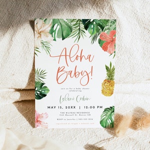 Aloha Baby Shower Invitation Template, Luau Baby Shower Invitation, Tropical Baby Shower Invite, Beach Baby Shower Pineapple Hibiscus LALANI