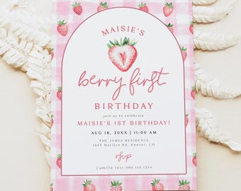 MAISIE Berry First Birthday Invitation Template, Strawberry Birthday Invitation, First Birthday Invitation, Girl Birthday Evite Digital