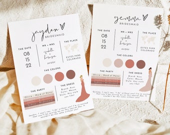 ADELLA Minimalist Bridesmaid Info Card Template, Bridal Party Info Card, Bridesmaid Information Card, Modern Bridesmaid Infographic Instant