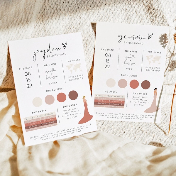 ADELLA Minimalist Bridesmaid Info Card Template, Bridal Party Info Card, Bridesmaid Information Card, Modern Bridesmaid Infographic Instant