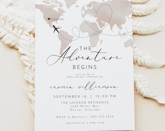May include: A white baby shower invitation with a beige watercolor world map. The map has a heart drawn around it with a dotted line. The text on the invitation reads "The Adventure Begins" and "join us for a baby shower celebrating carmen villianson". The date and time of the shower are listed as "September 18 | 12:00 PM". The location is listed as "THE JACKSON RESIDENCE 1645 Miller Way Denver, Colorado". The RSVP information is listed as "RSVP to Kaitlyn | 303-123-1234 registered at a baby shop".