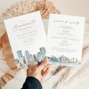 BOSTON Bachelorette Invitation Template, Boston Itinerary Template, Massachusetts Bachelorette Invite, Watercolor Skyline Destination Travel