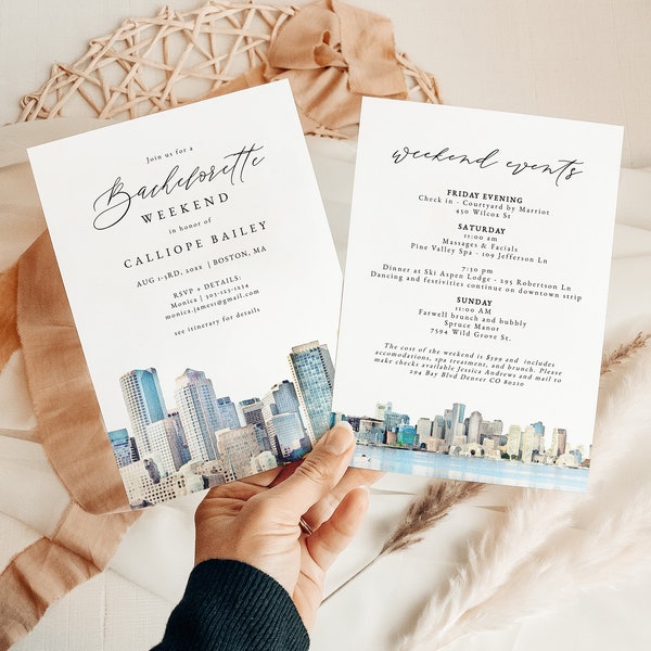 BOSTON Bachelorette Invitation Template, Boston Itinerary Template, Massachusetts Bachelorette Invite, Watercolor Skyline Destination Travel