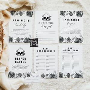 Paquete de juegos para baby shower góticos NOVA, juegos imprimibles para baby shower con motivos florales negros, juego para baby shower de Halloween, baby shower de otoño de género neutro