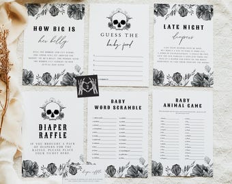 NOVA Gothic babyshowerspelbundel, zwarte bloemen babyshowergames afdrukbaar, Halloween babyshowerspel, herfstbabyshower genderneutraal
