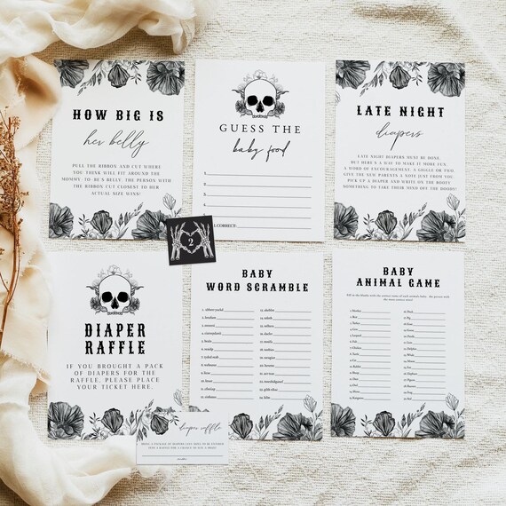 NOVA Gothic Baby Shower Game Bundle, Black Floral Baby Shower Games Printable, Halloween Baby Shower Game, Autumn Baby Shower Gender Neutral