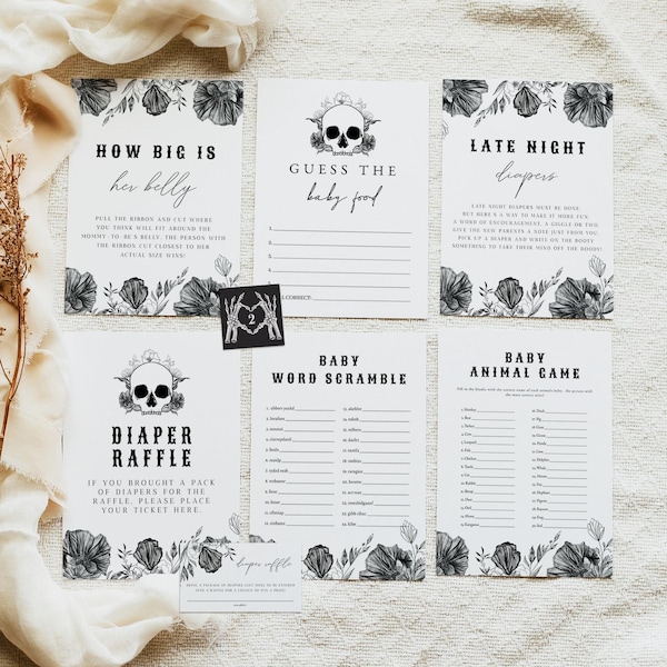 Paquete de juegos para baby shower góticos NOVA, juegos imprimibles para baby shower con motivos florales negros, juego para baby shower de Halloween, baby shower de otoño de género neutro