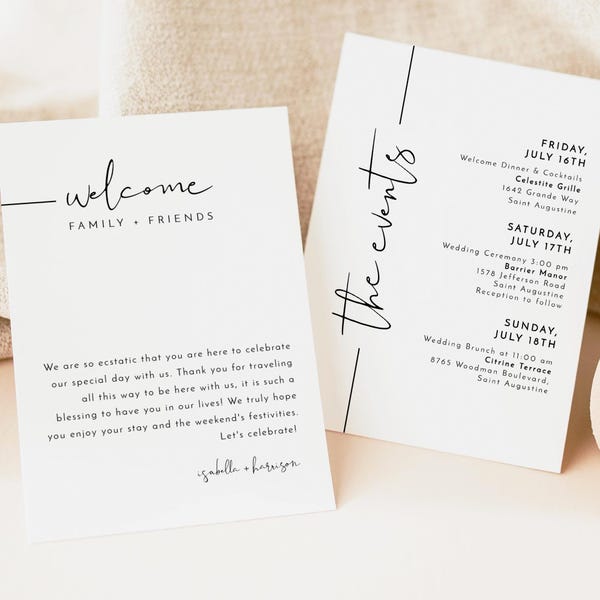ADELLA Minimalist Wedding Events Card Template, Wedding Welcome Bag Note, Wedding Event Timeline Printable, Modern Wedding Schedule Editable