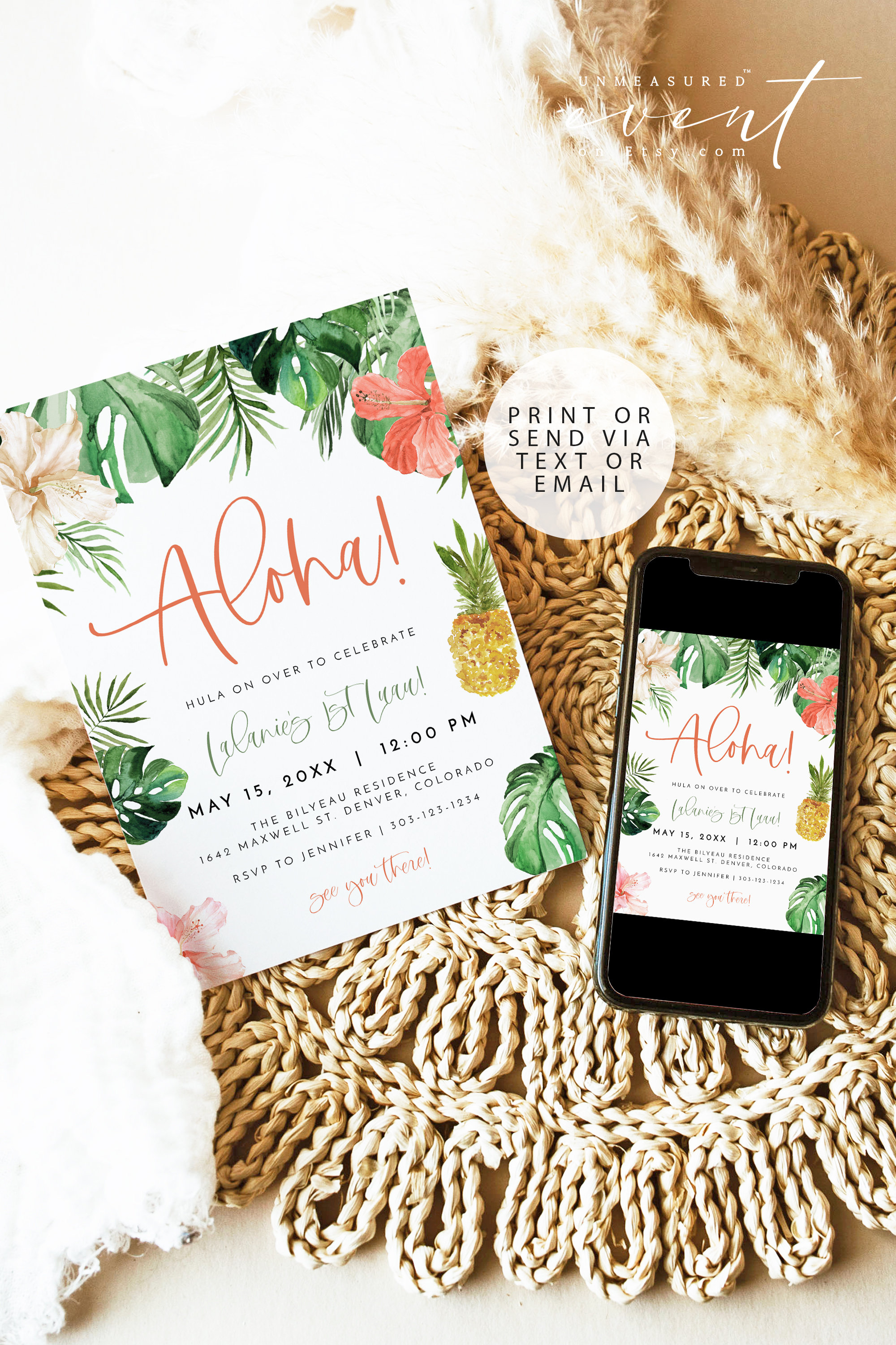 1st Luau Birthday Invitation Template, Luau First Birthday Invitation, Tropical Birthday Invitation, Aloha Birthday Invitation Palm LALANI