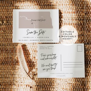 QUINN North Dakota Save the Date Template, North Dakota Map Save the Date Postcard, Matrimonio a tema viaggio, Postcard matrimonio Bismarck Fargo