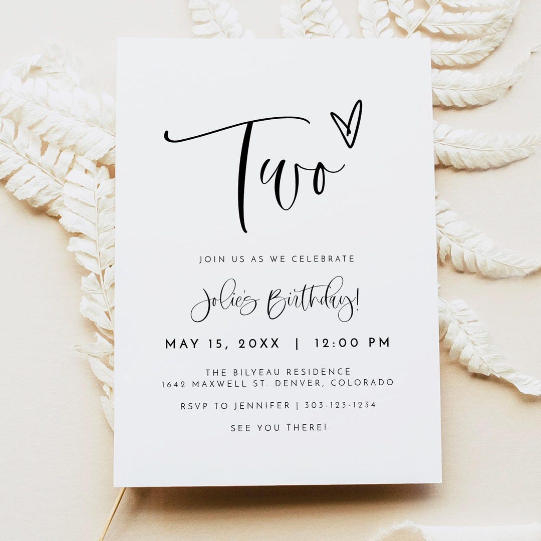 PRINTED + SHIPPED Second Birthday Party Invitation, Black & White 