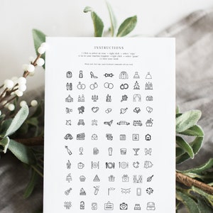 May include: A black and white printable sheet of wedding icons. The icons include a wedding dress, a tuxedo, a bow tie, a church, a heart, a car, a plane, a cake, a gift, a champagne bottle, a beer mug, a glass of wine, a plate with a fork and knife, a musical note, a bell, a suitcase, and more. The sheet includes instructions on how to copy and paste the icons.