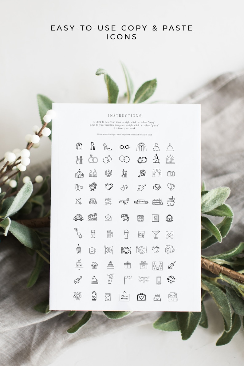 May include: A black and white printable sheet of wedding icons. The icons include a wedding dress, a tuxedo, a bow tie, a church, a heart, a car, a plane, a cake, a gift, a champagne bottle, a beer mug, a glass of wine, a plate with a fork and knife, a musical note, a bell, a suitcase, and more. The sheet includes instructions on how to copy and paste the icons.