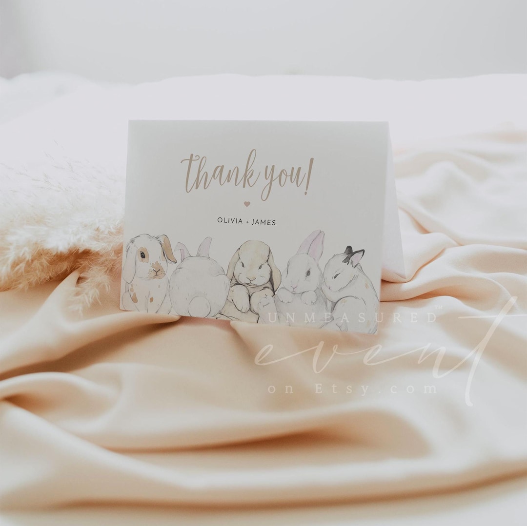 Bunny Thank You Card Template, Bunny Rabbit Thank You Printable, Blush ...