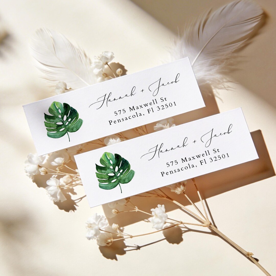 PRINTED + SHIPPED Monstera Leaf Return Address Labels, Tropical Wedding ...
