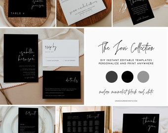 JOVI  Black Wedding Invitation Bundle, Modern Minimalist Wedding Set Printable, Contemporary Industrial Mega Wedding Bundle Kit DIY