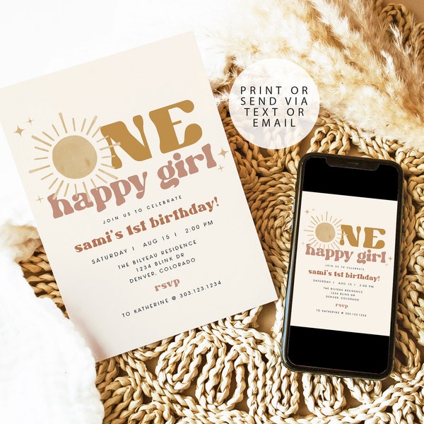 BODHI One Happy Girl Birthday Invitation Template, First Trip Around the Sun Birthday Invite, Boho Sun 1st Birthday Invite Printable